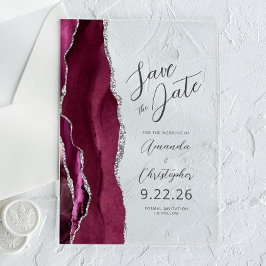 Burgundy Silver Agate Script Save the Date Acryleinladungen