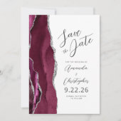 Burgundy Silver Agate Script Save the Date Ankündigung (Vorderseite)