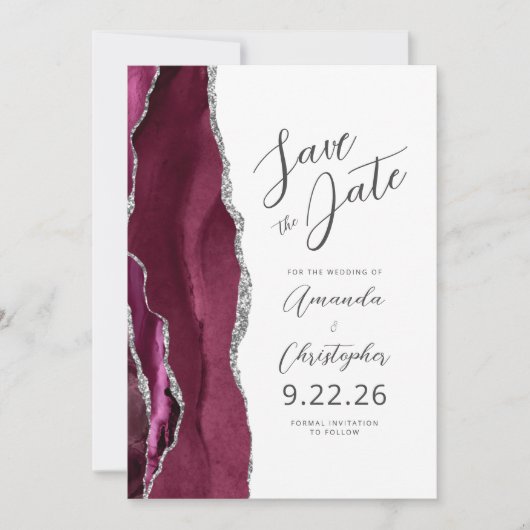 Burgundy Silver Agate Script Save the Date Ankündigung (Vorderseite)