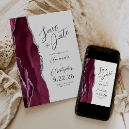 Burgundy Silver Agate Script Save the Date Ankündigung