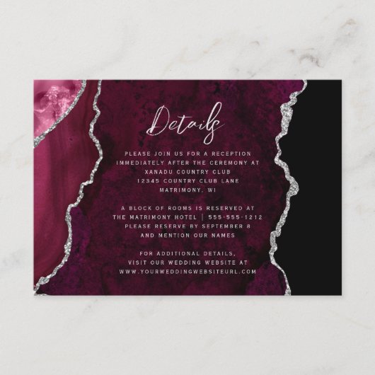 Burgundy Silver Agate Script Wedding Details Begleitkarte (Vorderseite)