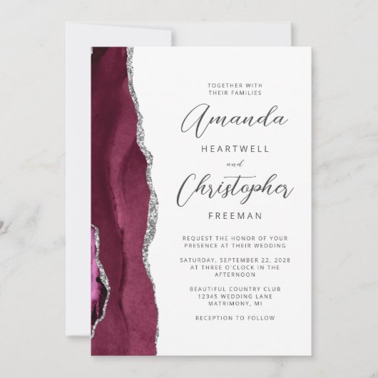 Burgundy Silver Agate Script Wedding Einladung (Vorderseite)