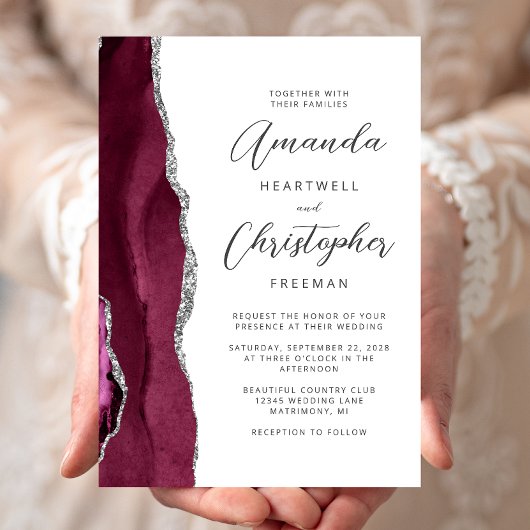 Burgundy Silver Agate Script Wedding Einladung
