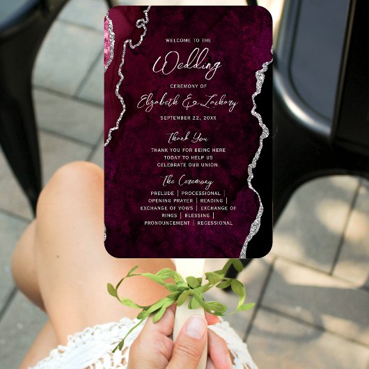 Burgundy Silver Agate Script Wedding Program Fächer