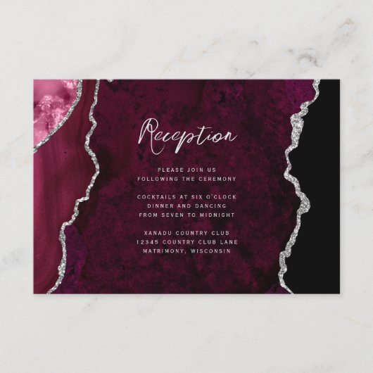 Burgundy Silver Agate Script Wedding Reception Begleitkarte (Vorderseite)