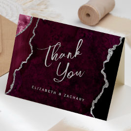 Burgundy Silver Agate Script Wedding Thank You Karte