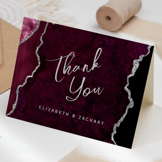 Burgundy Silver Agate Script Wedding Thank You Karte
