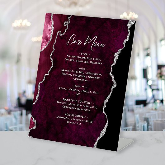 Burgundy Silver Agate Wedding Bar Menu Sockelschild