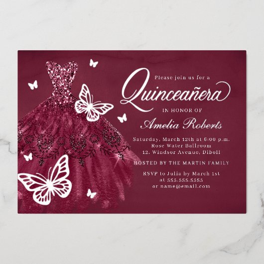 Burgundy Silver Butterfly Dress Quinceanera Folieneinladung (Vorderseite)
