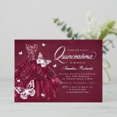 Burgundy Silver Butterfly Dress Quinceanera Folieneinladung (Stehend vorne)