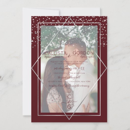 Burgundy Silver Confetti Geo Border Foto Wedding Einladung (Vorderseite)