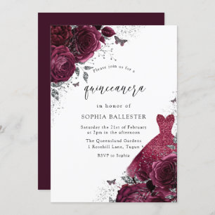 Burgundy & Silver Dress & Floral Rose Quinceanera Einladung