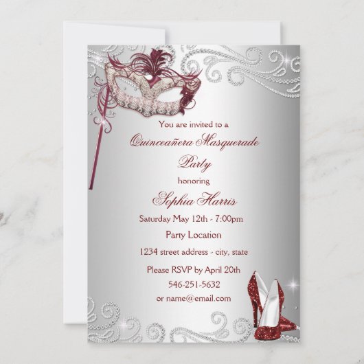Burgundy Silver Dress Masquerade Quinceanera Maske Einladung (Rückseite)