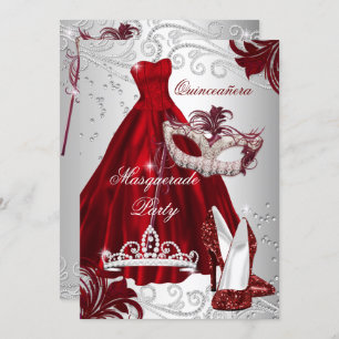 Burgundy Silver Dress Masquerade Quinceanera Maske Einladung