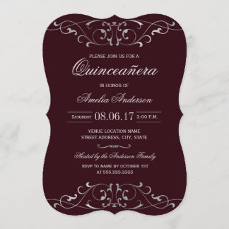 Burgundy Silver Elegant Einladung zur Quinceanera