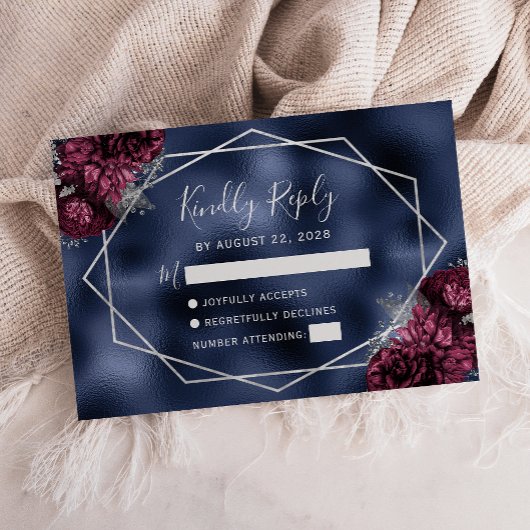 Burgundy Silver Floral Geometric Navy Foil RSVP Karte