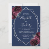 Burgundy Silver Floral Navy Blue Wedding Einladung (Vorderseite)