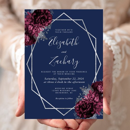 Burgundy Silver Floral Navy Blue Wedding Einladung
