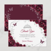 Burgundy Silver Floral Quinceanera Dankeskarte (Vorne/Hinten)