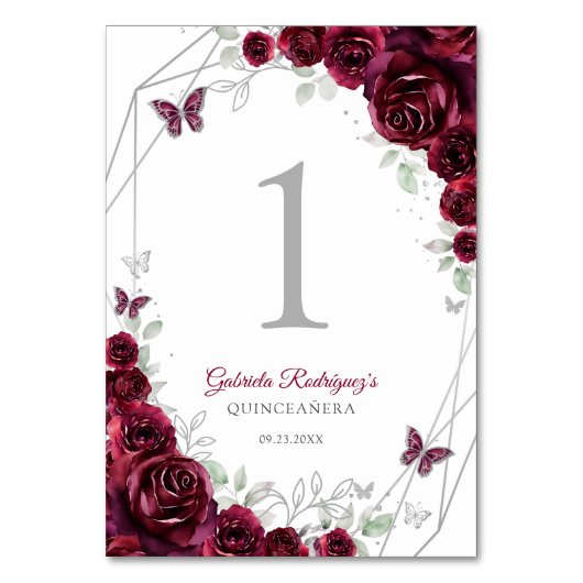 Burgundy Silver Floral Quinceanera Tischnummer (Vorderseite)