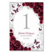Burgundy Silver Floral Quinceanera Tischnummer (Rückseite)
