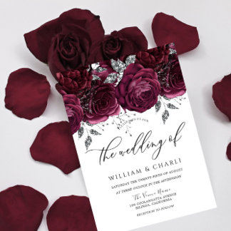 Burgundy & Silver Floral Sparkle Wedding Einladung