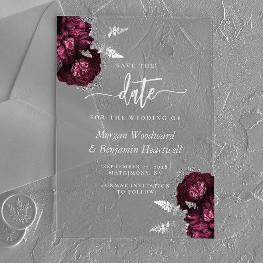 Burgundy Silver Floral Wedding Save the Date Acryleinladungen
