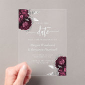 Burgundy Silver Floral Wedding Save the Date Acryleinladungen (Insitu (Handheld))