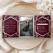 Burgundy Silver Flourish Swirl Wedding Photo Dreifach Gefaltete Einladung