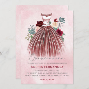 Burgundy Silver Glitzer Blumenkleid Quinceañera Einladung