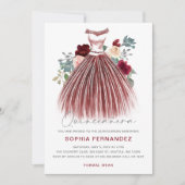 Burgundy Silver Glitzer Blumenkleid Quinceañera Einladung (Vorderseite)
