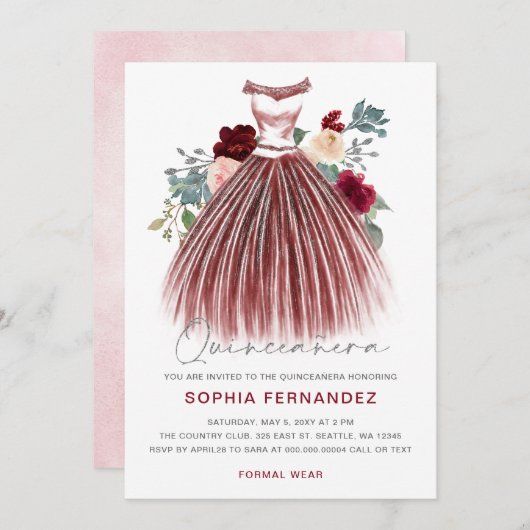 Burgundy Silver Glitzer Blumenkleid Quinceañera Einladung (Vorne/Hinten)