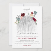 Burgundy Silver Glitzer Blumenkleid Quinceañera Einladung (Vorderseite)