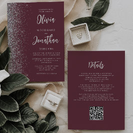 Burgundy Silver Glitzer Script QR Code Wedding Einladung
