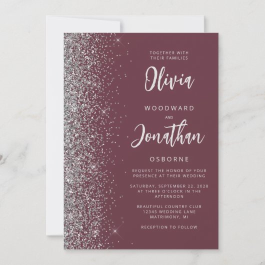 Burgundy Silver Glitzer Script QR Code Wedding Einladung (Vorderseite)