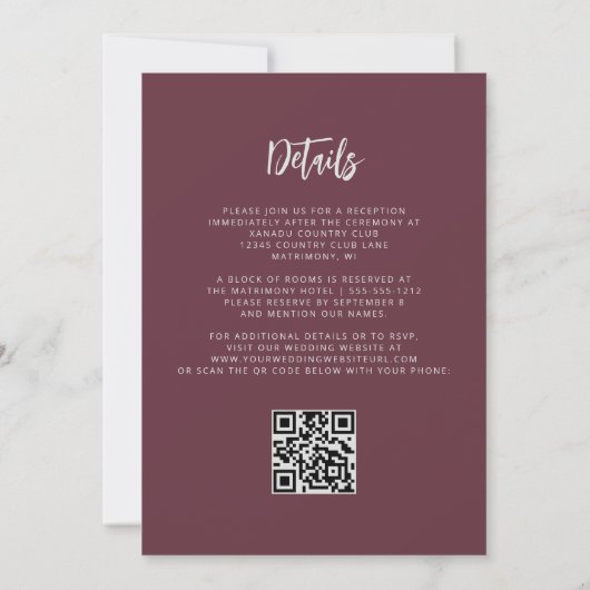 Burgundy Silver Glitzer Script QR Code Wedding Einladung (Rückseite)