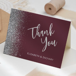 Burgundy Silver Glitzer Script Wedding Vielen Dank Karte