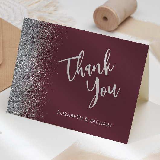Burgundy Silver Glitzer Script Wedding Vielen Dank Karte