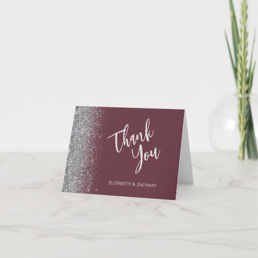 Burgundy Silver Glitzer Script Wedding Vielen Dank Karte (Vorderseite)