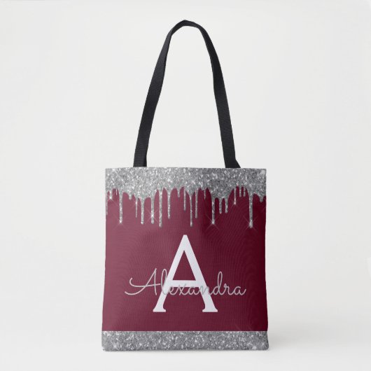 Burgundy Silver Glitzer Sparkle Elegantes Monogram Tasche (Vorderseite)