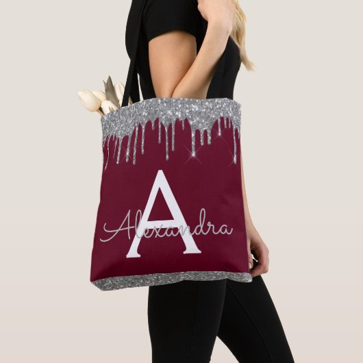 Burgundy Silver Glitzer Sparkle Elegantes Monogram Tasche (Von Nahem)