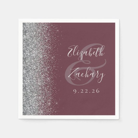 Burgundy Silver Glitzer Wedding Serviette (Vorderseite)