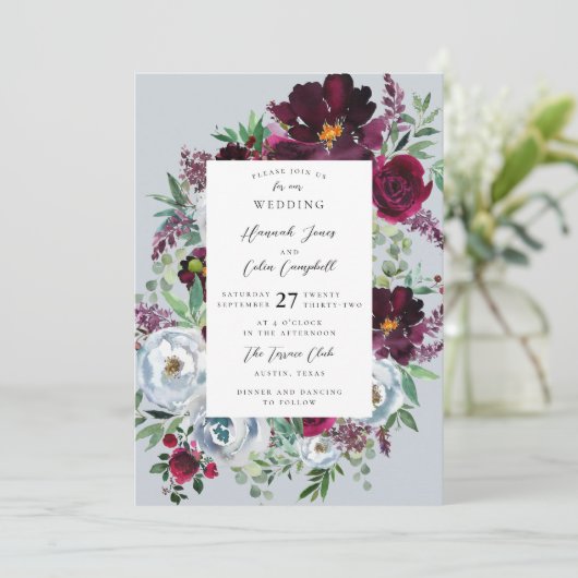 Burgundy Silver Gray Rose Botanisch Einladung (Stehend Vorderseite)