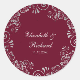 Burgundy Silver Gray Script Blumenzeremonie Runder Aufkleber