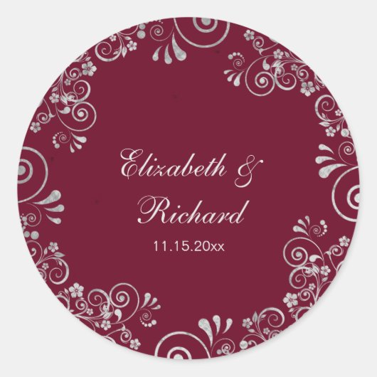 Burgundy Silver Gray Script Blumenzeremonie Runder Aufkleber (Vorderseite)