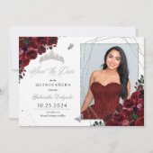 Burgundy Silver Quinceañera Save the Date Foto Einladung (Vorderseite)