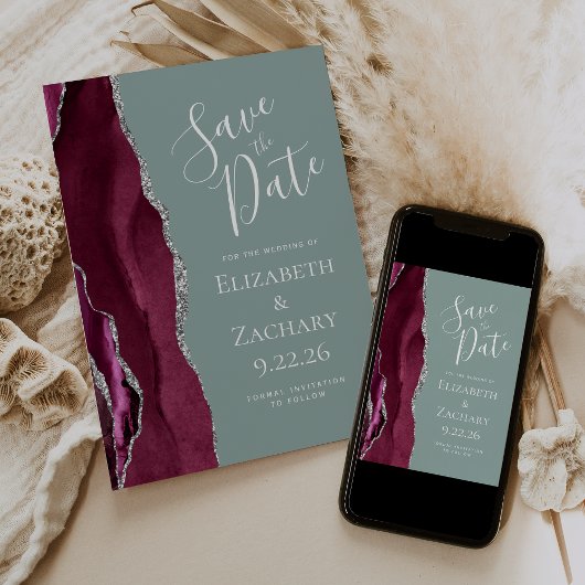 Burgundy Silver Sage Green Foto Save the Date Einladung