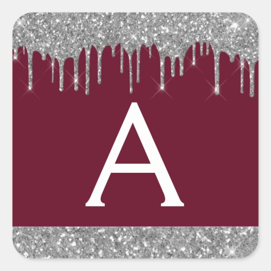 Burgundy Silver Sparkle Glitzer Monogram Quadratischer Aufkleber (Vorderseite)