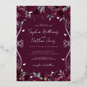 Burgundy Silver Swirl Scroll Wedding Folieneinladung
