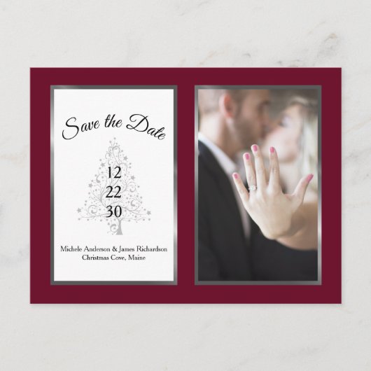 Burgundy Silver Winter Wedding Save the Date Foto Ankündigungspostkarte (Vorderseite)